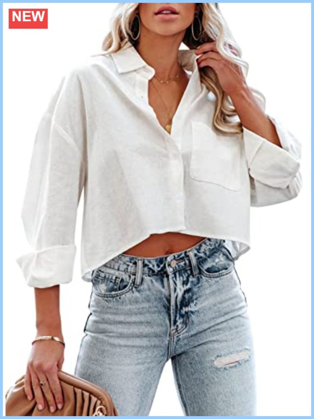 Women's Cotton Long Sleeve Button Down Crop Top Blouse with Chest Pocket